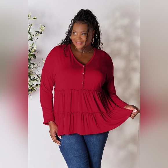 Double Take Half Button Long Sleeve Ruffle Hem Blouse Plus Size Available - Picture 4 of 6